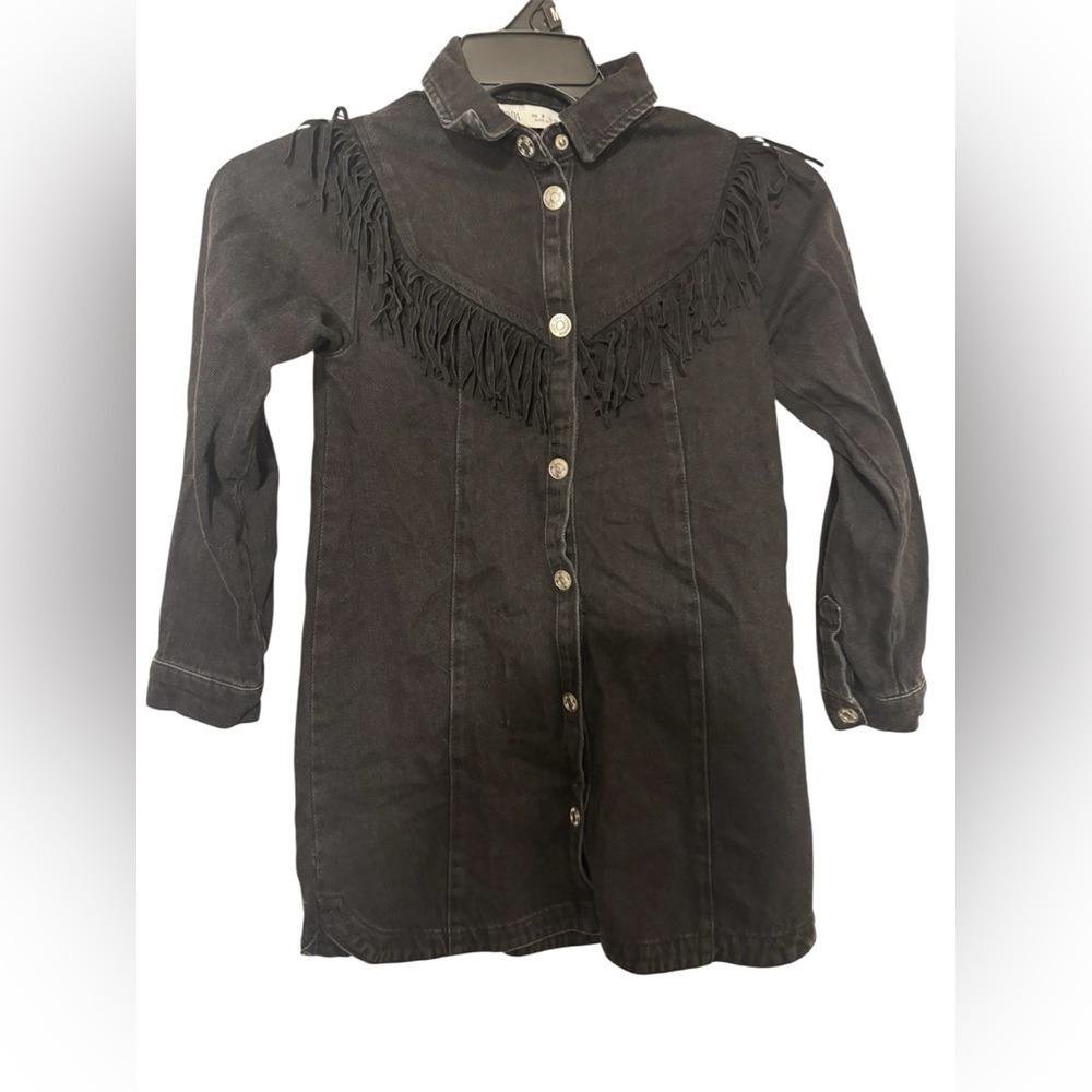 Zara Denim Black Fringe Button-Up Dress Size 9